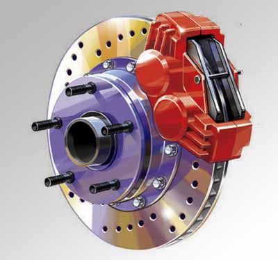 Disc brake assembly showing pads caliper and rotor